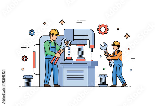 Industrial machine being serviced with tools, worker checking bolts, and small gears scattered around, emphasizing safety, precision, and operational upkeep.