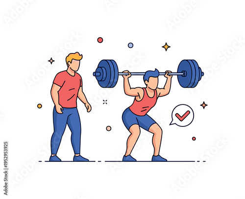 Fitness coach guiding barbell deadlift alignment concept illustrated by a figure lifting with shoulders over the bar and hips hinged back, while a small check