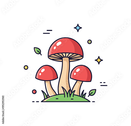 Woodland mushrooms cluster illustrated with three rounded toadstools of different heights growing from a small patch of grass, expressing calm forest