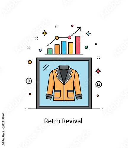 Vintage resale boom expressed through a classic retro jacket displayed inside a storefront window frame with a small graph line rising above it, highlighting