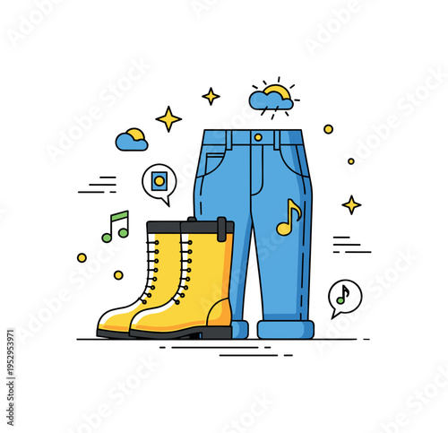 Outdoor festival weather bright boots paired with rolled up jeans and small music note icons hinting at muddy fun. A lively concept icon about staying stylish