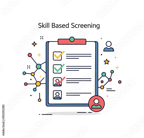 Skill based screening technology centered on a checklist with highlighted skill icons and a small neural network pattern in the background, symbolizing