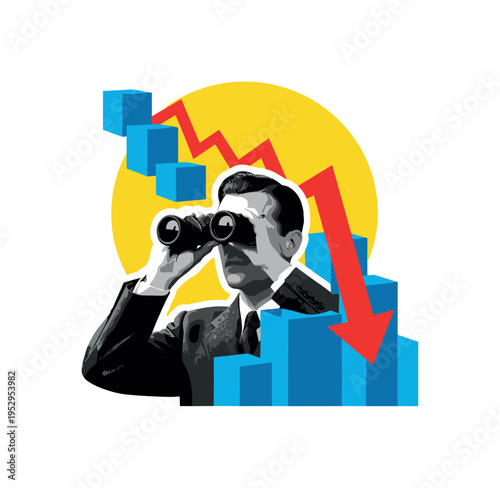 Modern graphic collage of a retro-style paparazzi camera close-up in black and white, layered cut-out effect, bold red circle as spotlight, intersecting black