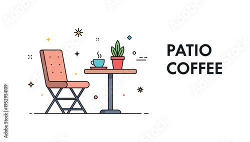 Cafe outdoor terrace vibe showing a compact chair and table set with a small cup and potted plant, conveying relaxed city life and social connection. The