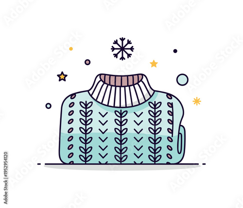 Knitted sweater cozy concept featuring a folded pullover with visible stitch pattern lines and a small snowflake accent above, expressing warmth and winter