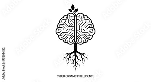 Cybernetic Brain Tree with Roots and Leaves, AI Technology Concept
