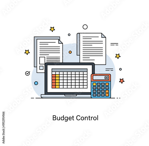 Laptop and documents financial accounting concept with a laptop showing a simple spreadsheet grid next to invoices and a calculator icon, expressing clarity in
