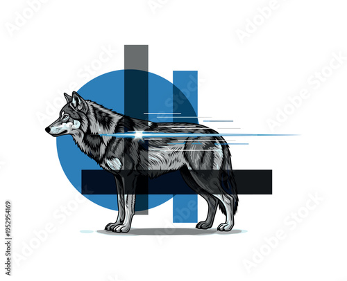Monochrome side profile of a wolf standing alert, intersected by a large blue semicircle and abstract rectangular blocks, diagonal flash of light slicing
