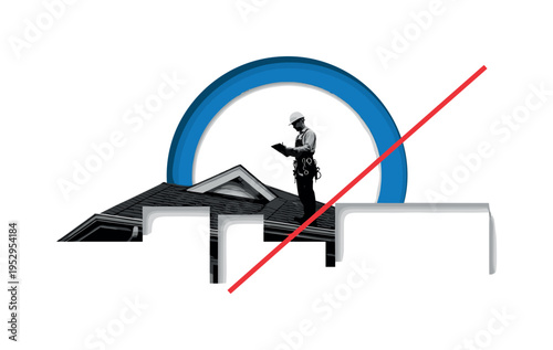 Black and white worker silhouette inspecting roof with clipboard, oversized blue circular frame partially enclosing upper roofline, thin red diagonal stripe