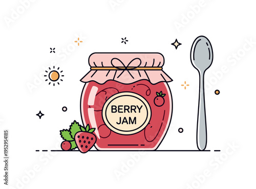 Strawberry jam jar concept presented as a small rounded jar with a berry label and tied fabric lid, symbolizing homemade preserves and cozy kitchen traditions.