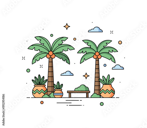 Palm trees in a small tropical garden with decorative pots and a tiny bench, combining greenery, leisure, and serene outdoor vibes. Minimalist flat vector