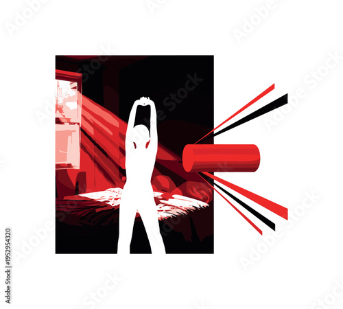 A realistic monochrome bedroom scene with sunlight hitting a stretching figure, combined with a red cylindrical accent and subtle diagonal lines suggesting