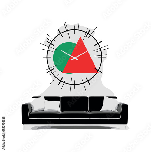 Black and white modern couch with cushions, oversized artistic wall clock featuring broken circular frame design, emerald green circular block and red triangle