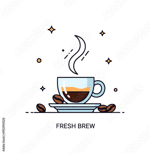 Espresso cup on a small saucer with a single rising steam swirl and subtle coffee bean accents, capturing a rich and focused morning ritual in a compact badge