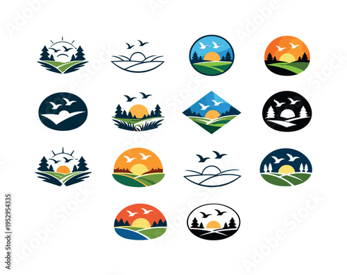 Glade. Icon set. Set Logo of Glade: birds flying over clearing. harmonious logo variations of the same emblematic concept, each with different artistic