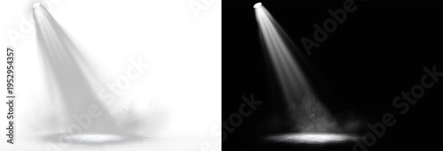 Fotografi Spotlight white beam light with dense smoke fog and mist for cinematic stage pod