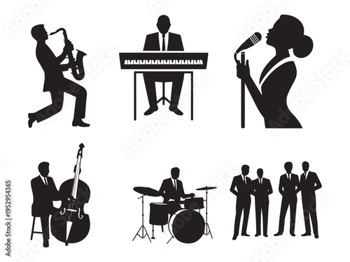 Jazz Day Black silhouette jazz band musicians playing instruments and singing vector