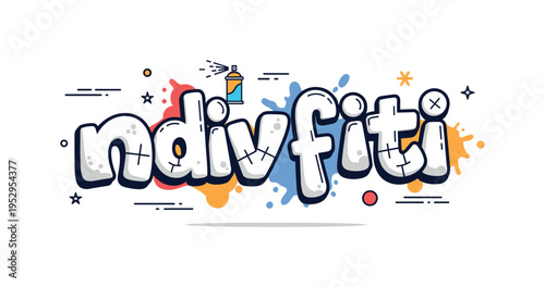 Graffiti lettering style featuring a dynamic bubble word shape with a small spray can icon and subtle paint splatter accents, expressing individuality and