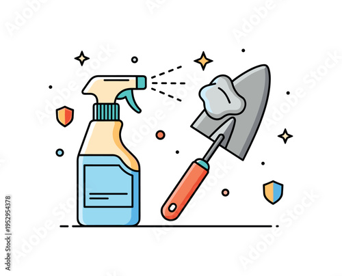 Rust prevention for garden tools represented by a spray bottle and a neatly wiped metal trowel, communicating protection and preservation. The clean editorial