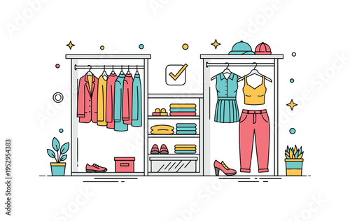 Content creator wardrobe styling illustrated by a compact closet section with coordinated outfits and a small checkmark icon to represent curated aesthetics