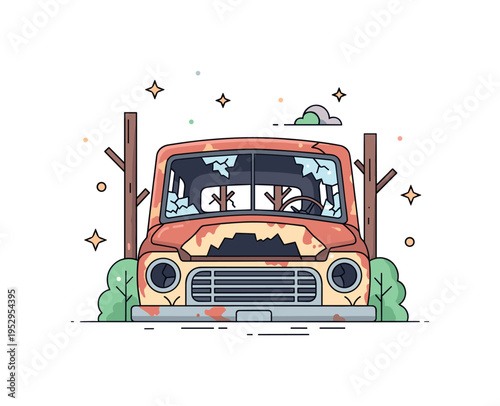 Remains of an old vehicle abandoned in a forest with rusted metal and broken windows, conveying decay, nostalgia, and passage of time. Minimalist flat vector