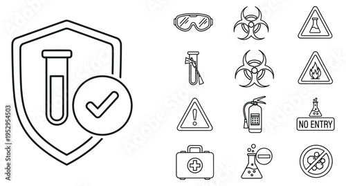 Laboratory safety vector icons set for chemical hazard protection and secure handlingLaboratory safety vector icons set for chemical hazard protection and secure handling