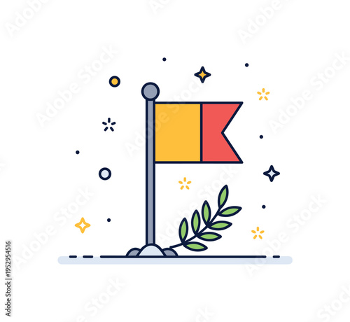 Symbolic end of battle concept featuring a planted flag with a subtle olive branch accent near the base, expressing peace following struggle. The balanced