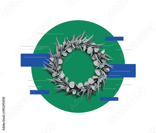 Black and white minimalist wreath made of eucalyptus leaves, large emerald green circular backdrop reinforcing organic shape, cobalt blue rectangular blocks