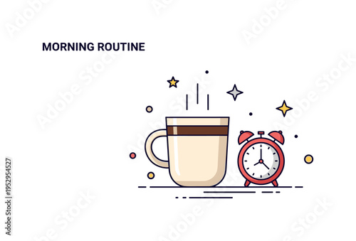 Morning routine essentials illustrated through a coffee mug paired with a small alarm clock icon, symbolizing wakefulness and structured start of the day. The