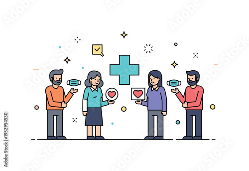 Public health awareness neighbors standing together around a medical cross symbol, holding small icons of masks and hearts to represent prevention and care. A