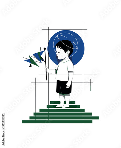 Black and white child holding a small flag-like abstract shape, deep blue circular halo behind head, forest green horizontal planes beneath feet suggesting