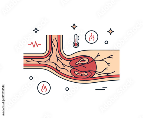Blood vessel regulation concept built around a simple arm cross section with vessels shown slightly expanded and contracted, accompanied by small temperature