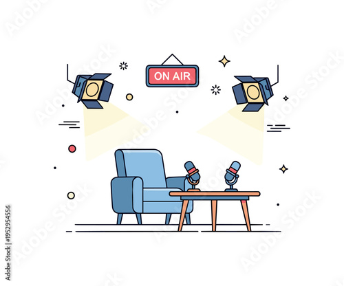 Talk show set interior centered on a modern armchair and small round table with two microphones, framed by soft studio lights and a subtle On Air sign glowing