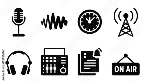 microphone and headphones icon collection, audio recording and radio broadcasting symbols, music and podcast equipment design, communication media elements, modern clean vector set.
