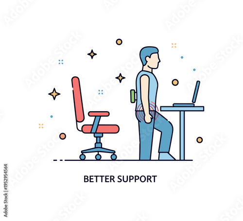 Ergonomic adjustments for pain reduction illustrated by a supportive chair and aligned posture silhouette. A compact ?Better Support? caption reinforces