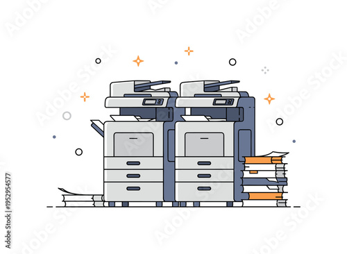 Stacked printer and copier machines in a shared office corner with papers ready to be collected, reflecting workflow, organization, and professional