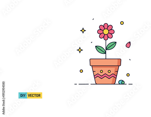 DIY plant pot decoration featuring a simple terracotta pot with painted patterns and a blooming flower, expressing creativity and personal touch in home