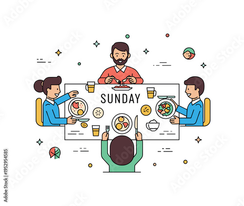Sunday family breakfast ritual with everyone around the table sharing dishes and conversation, reflecting connection, care, and togetherness. Minimalist flat