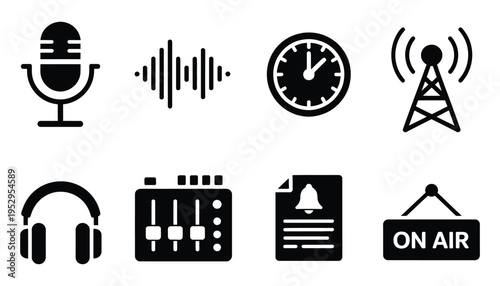 audio and radio symbols set, microphone and headphones icons, sound recording and broadcasting concept, music and podcast equipment signs, communication and media vector