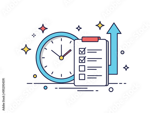 Time management mindset illustrated by a clock icon paired with a checklist and upward arrow. Clean geometric shapes and subtle star accents communicate