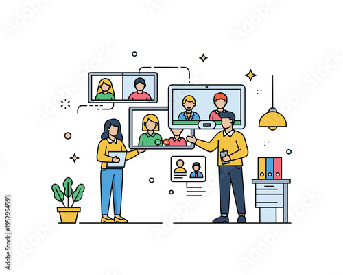 Entrepreneurs holding a video call in a shared office space, with screens displaying remote team members, combining digital collaboration with in-person