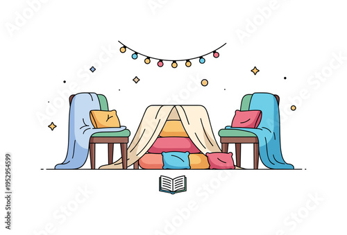 Indoor blanket fort adventure featuring layered blankets draped over chairs with plush pillows inside and gentle fairy lights glowing above, symbolizing