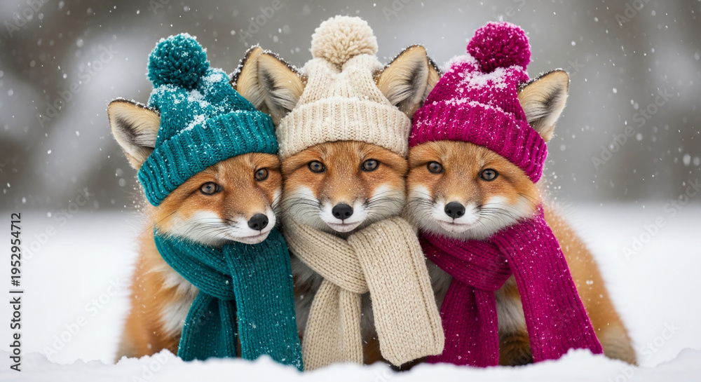 Fototapeta premium Three red foxes in colorful knitted hats and scarves in fresh snow during a winter snowfall, symbolizing warmth, winter season, and animal charm