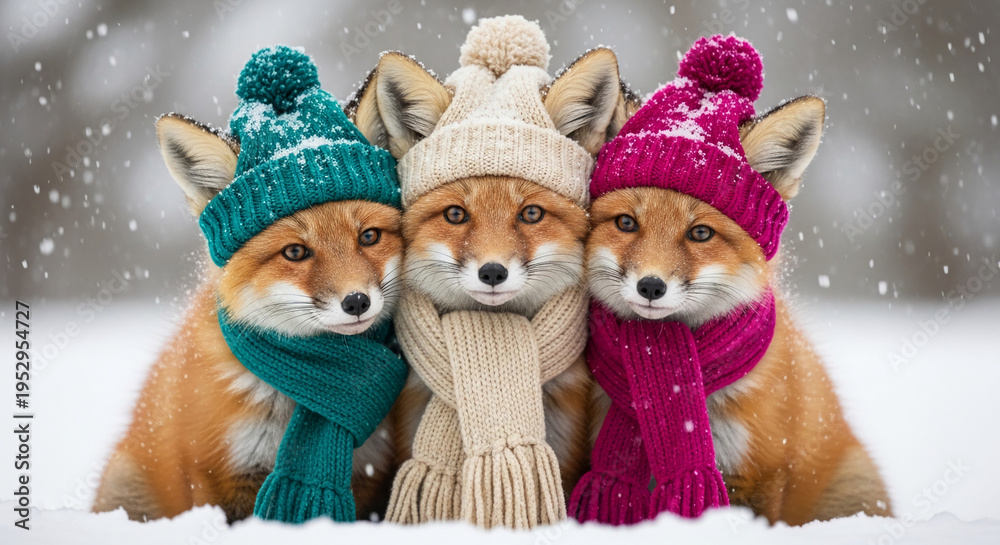 Fototapeta premium Three red foxes in knitted hats and scarves standing in snow, symbolizing winter warmth, companionship, and a cozy holiday spirit