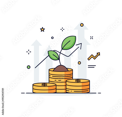 Investment growth planning depicted with a small plant growing from a coin stack, expressing compound growth and future wealth building. Compact layout with