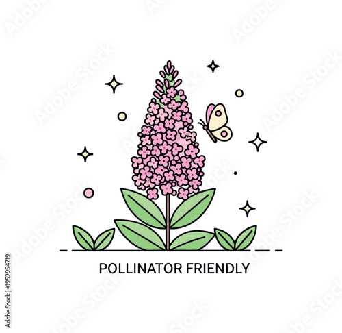 Butterfly bush in full bloom with a tall cone shaped cluster of small blossoms attracting a delicate butterfly. Fresh green leaves, soft garden ground line and