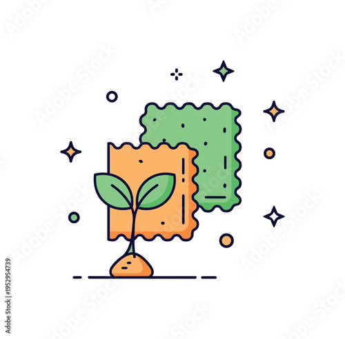 Biodegradable materials concept fabric swatch icon paired with a small sprout emerging from it. A thoughtful micro scene about innovation in sustainable