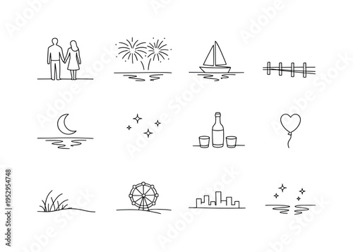 Fireworks Date by the Water. Minimalistic set one-line drawing [couple holding hands, fireworks over water, boat silhouette, pier outline, moon above horizon,