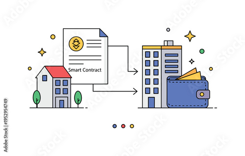 NFT real estate transaction showing a simplified smart contract document connected to a 3D style building icon and digital wallet, representing transparent