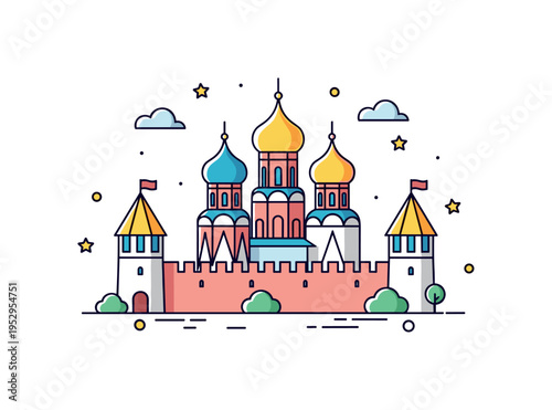 Medieval Moscow fortress symbol featuring simplified cathedral domes and fortified walls within a compact badge layout. The scene conveys historical setting
